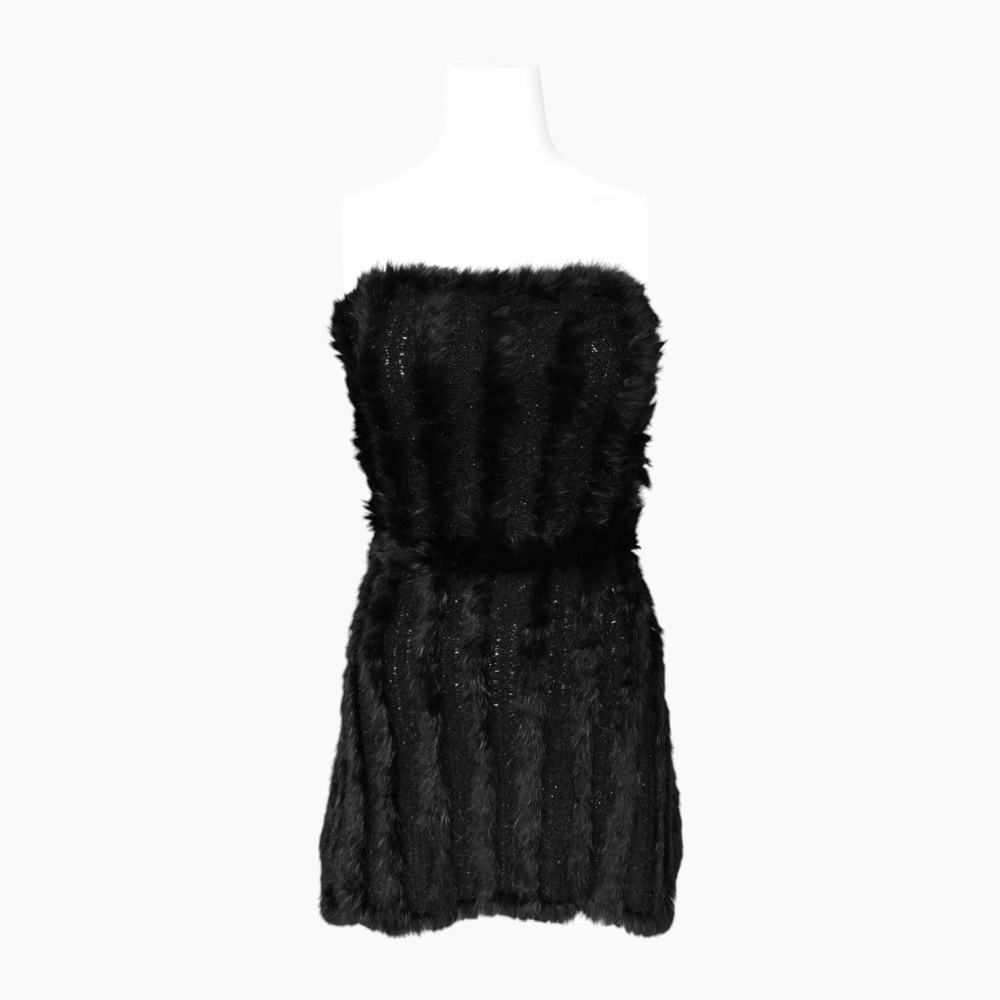 Louise Paris ✦ Black Real Rabbit Fur Mini Strapless Dress